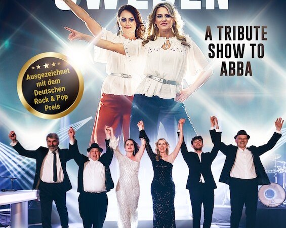 Plakat f&uuml;r 'ONE NIGHT IN SWEDEN - A TRIBUTE SHOW TO ABBA' mit K&uuml;nstlern auf der B&uuml;hne. Auszeichnung mit dem Deutschen Rock & Pop Preis., &copy; Veranstaltungsring Metzingen e.V.
