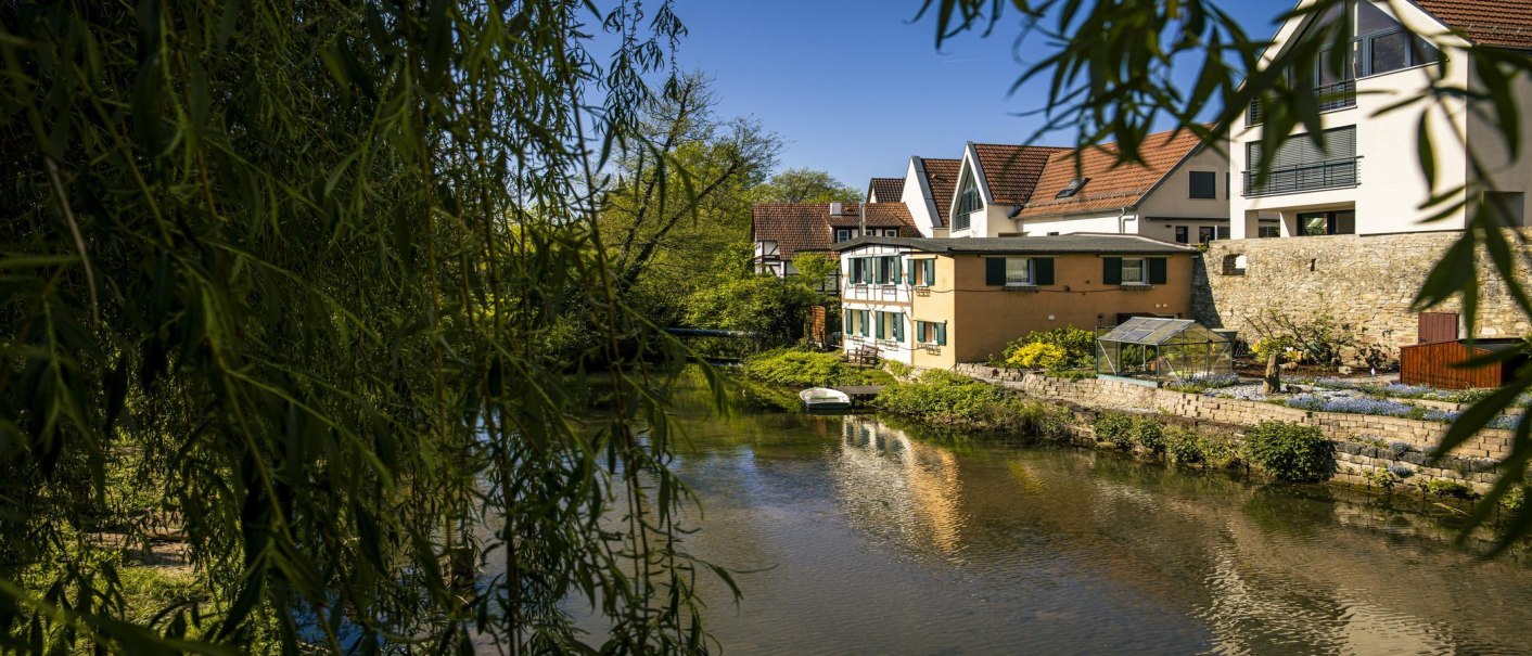 Blick auf das Ufer der Rems in Waiblingen mit Häusern und üppigem Grün. Ein Boot liegt am Wasser, umgeben von Bäumen und Pflanzen., © SMG, Sarah Schmid Blick auf das Ufer der Rems in Waiblingen mit Häusern und üppigem Grün. Ein Boot liegt am Wasser, umgeben von Bäumen und Pflanzen., © SMG, Sarah Schmid