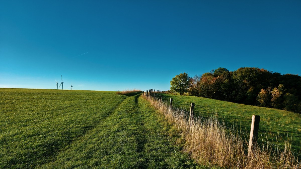 Ein gr&uuml;ner Weg verl&auml;uft entlang eines Holzzauns &uuml;ber eine Wiese. Im Hintergrund stehen Windr&auml;der und B&auml;ume unter einem klaren blauen Himmel., &copy; Distretto di G&ouml;ppingen