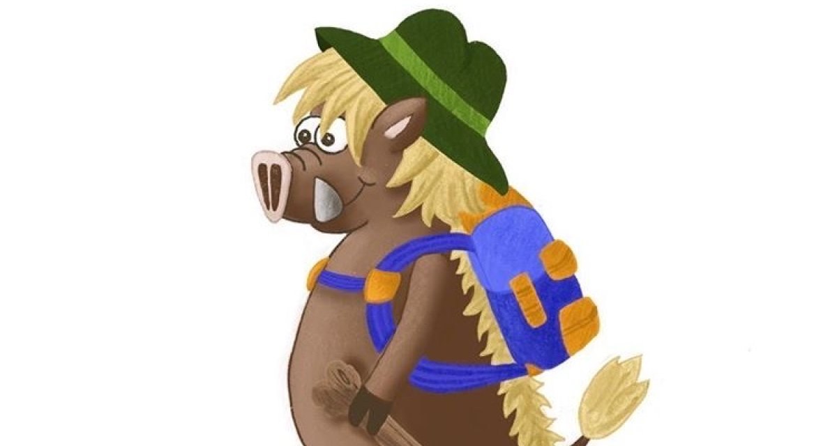 Ein gezeichnetes Wildschwein mit Rucksack und Wanderstock auf einer Wiese. Es trägt einen grünen Hut und hat blondes Haar. Oben steht 'Tausch-Schatz'., © Nördlicher Schwarzwald Ein gezeichnetes Wildschwein mit Rucksack und Wanderstock auf einer Wiese. Es trägt einen grünen Hut und hat blondes Haar. Oben steht 'Tausch-Schatz'., © Nördlicher Schwarzwald