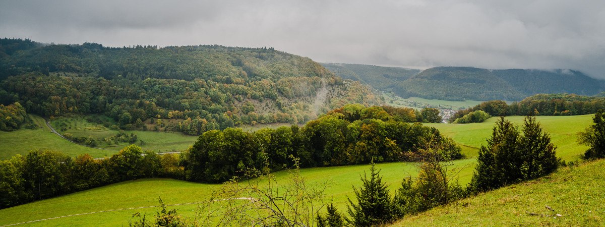 Panoramablick auf das Kalte Feld bei Schw&auml;bisch Gm&uuml;nd mit gr&uuml;nen Wiesen und bewaldeten H&uuml;geln unter einem bew&ouml;lkten Himmel.