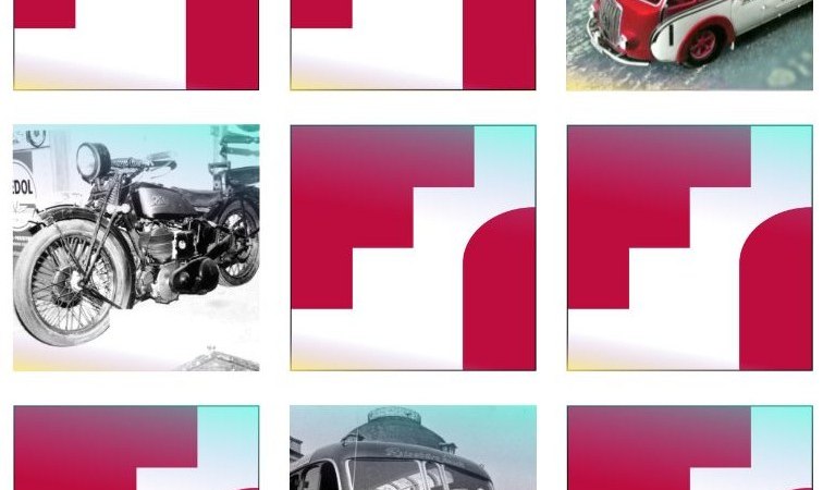 9 Memorykarten. 6 Karten mit dem Logo des FilderStadtMuseum, 3 Karten mit Motiven von 2 Bussen und 1 Motorrad,, &copy; Stadt Filderstadt FilderStadtMuseum