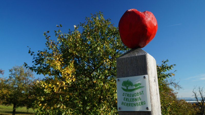 Ein Holzpfosten mit rotem Apfel und Schild 'Streuobst Erlebnis Herrenberg' vor blauem Himmel und B&auml;umen., &copy; Natur.Nah. Sch&ouml;nbuch & Heckeng&auml;u