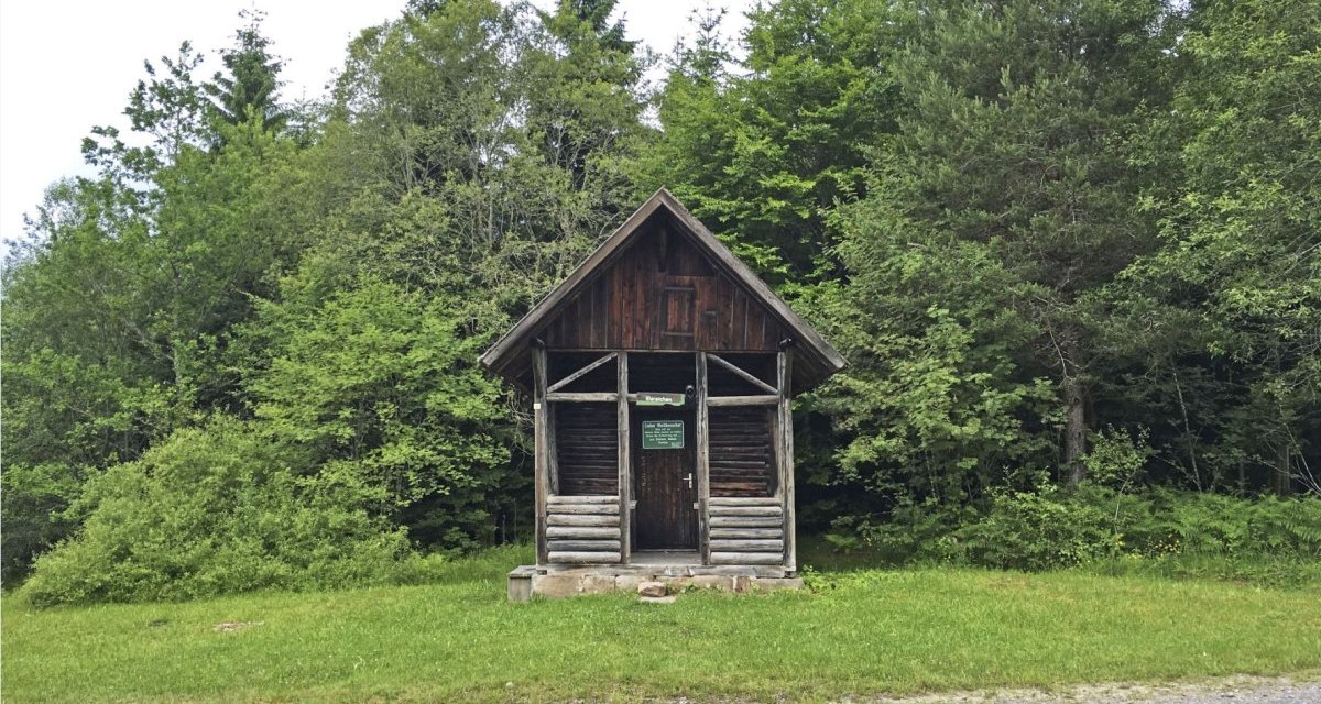 Kleine Holzhütte vor einem dichten Wald, umgeben von grüner Wiese und einem Schotterweg im Vordergrund., © www.pro-cycl.de Kleine Holzhütte vor einem dichten Wald, umgeben von grüner Wiese und einem Schotterweg im Vordergrund., © www.pro-cycl.de