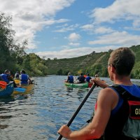 Eine Gruppe von Menschen paddelt in Kanus auf einem Fluss, umgeben von grünen Hügeln. Ein Guide ist im Vordergrund zu sehen., © Die Zugvögel