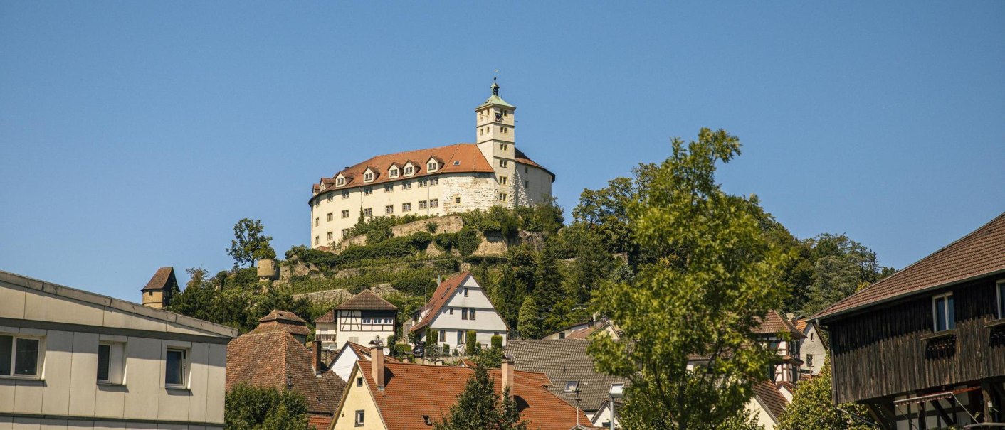 Schloss Kaltenstein thront auf einem Hügel, umgeben von Bäumen, mit traditionellen Häusern im Vordergrund und klarem Himmel im Hintergrund., © Stuttgart-Marketing GmbH, Sarah Schmid Schloss Kaltenstein thront auf einem Hügel, umgeben von Bäumen, mit traditionellen Häusern im Vordergrund und klarem Himmel im Hintergrund., © Stuttgart-Marketing GmbH, Sarah Schmid