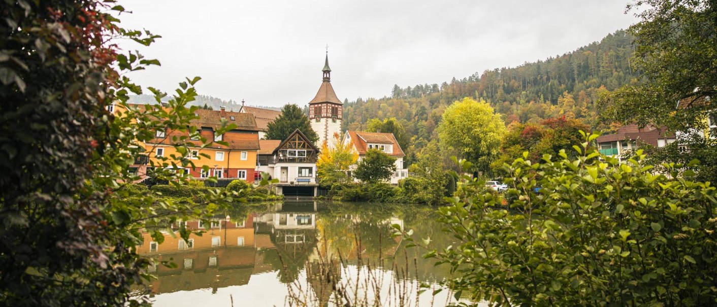 Stadtsee in Bad Liebenzell mit bunten Häusern und Kirchturm, umgeben von herbstlichen Bäumen. Spiegelung im Wasser, umrahmt von grünen Büschen., © SMG, Sarah Schmid
