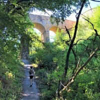 Ein Wanderer auf einem schattigen Pfad unter einer steinernen Bogenbrücke, umgeben von dichtem Grün., © Touristik und Marketing GmbH