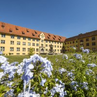Schloss Winnental mit gelber Fassade und rotem Dach, umgeben von blühenden Blumen und grünem Rasen unter blauem Himmel., © Stuttgart-Marketing GmbH, Achim Mende