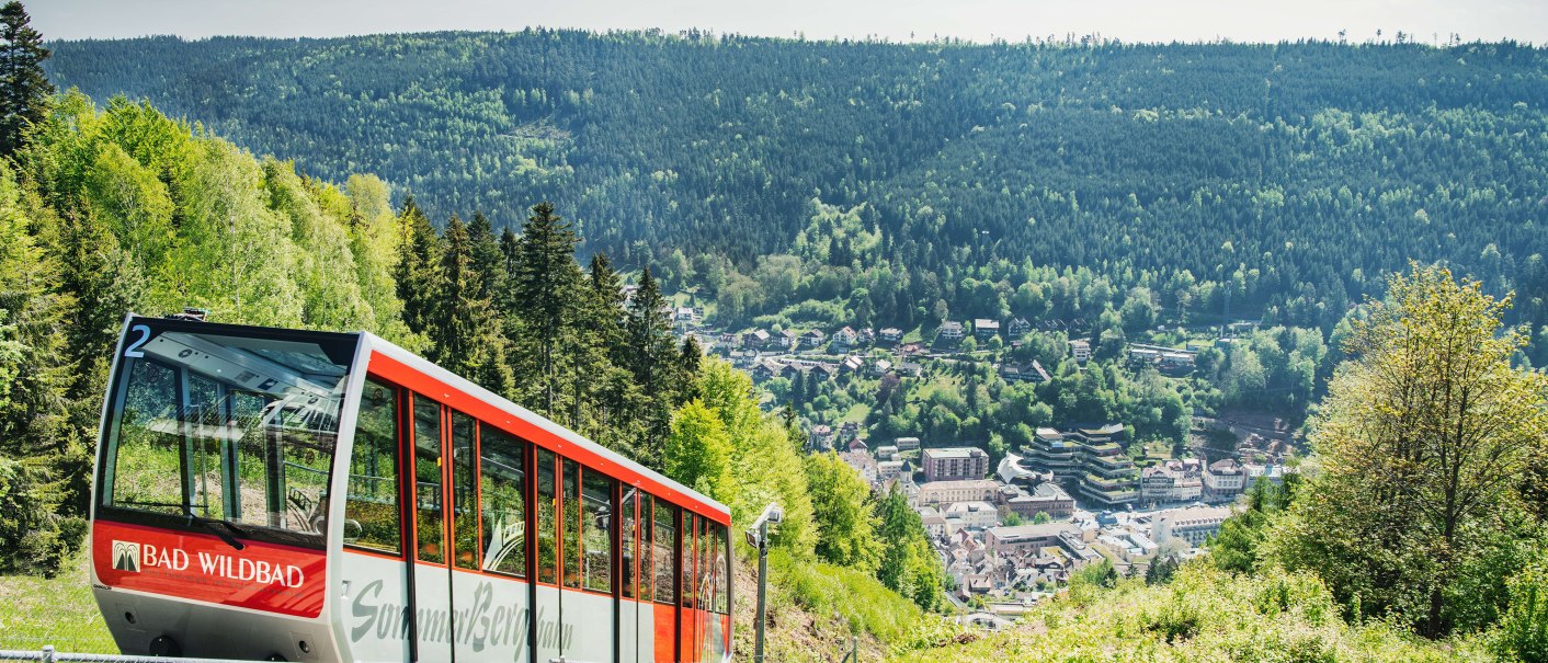 Die Sommerbergbahn in Bad Wildbad fährt durch eine grüne Landschaft. Im Hintergrund ist die Stadt und ein bewaldeter Hügel zu sehen., © Touristik Bad Wildbad