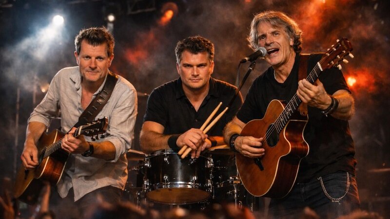 Drei Musiker performen auf einer B&uuml;hne mit Gitarren und Schlagzeugst&ouml;cken, umgeben von B&uuml;hnenbeleuchtung und Nebel., &copy; EMT Event-Media-Tec GmbH