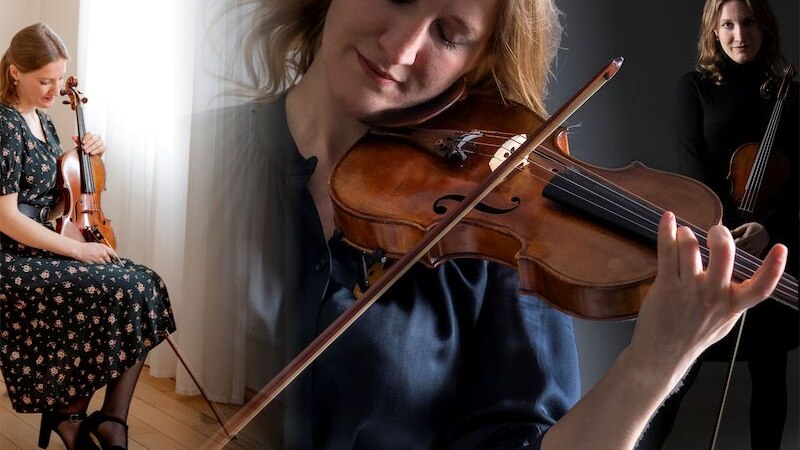 Drei Frauen mit Geigen in verschiedenen Posen. Eine sitzt, eine spielt mit geschlossenen Augen, eine steht im Hintergrund., © Mauerwerk GmbH Drei Frauen mit Geigen in verschiedenen Posen. Eine sitzt, eine spielt mit geschlossenen Augen, eine steht im Hintergrund., © Mauerwerk GmbH