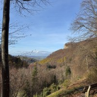 Aussicht vom Rosenstein auf Heubach mit herbstlichen B&auml;umen und einer Bank im Vordergrund. Der Himmel ist klar und blau., &copy; Remstal Tourismus e.V.