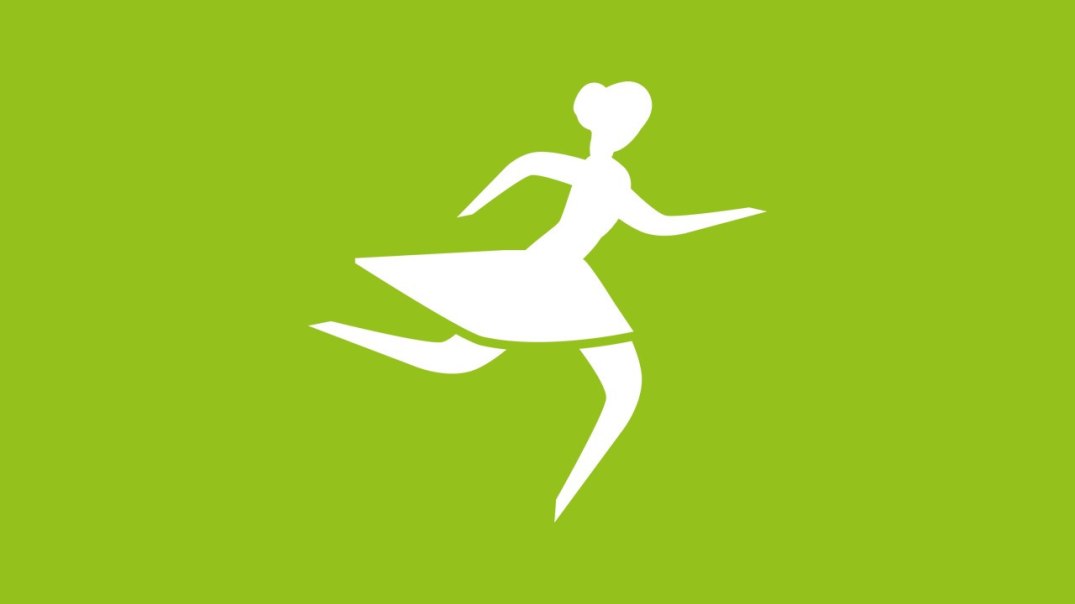 Weiße Silhouette einer laufenden Frau auf grünem Hintergrund. Die Figur trägt ein Kleid und hat eine dynamische Haltung., © Bad Urach Tourismus