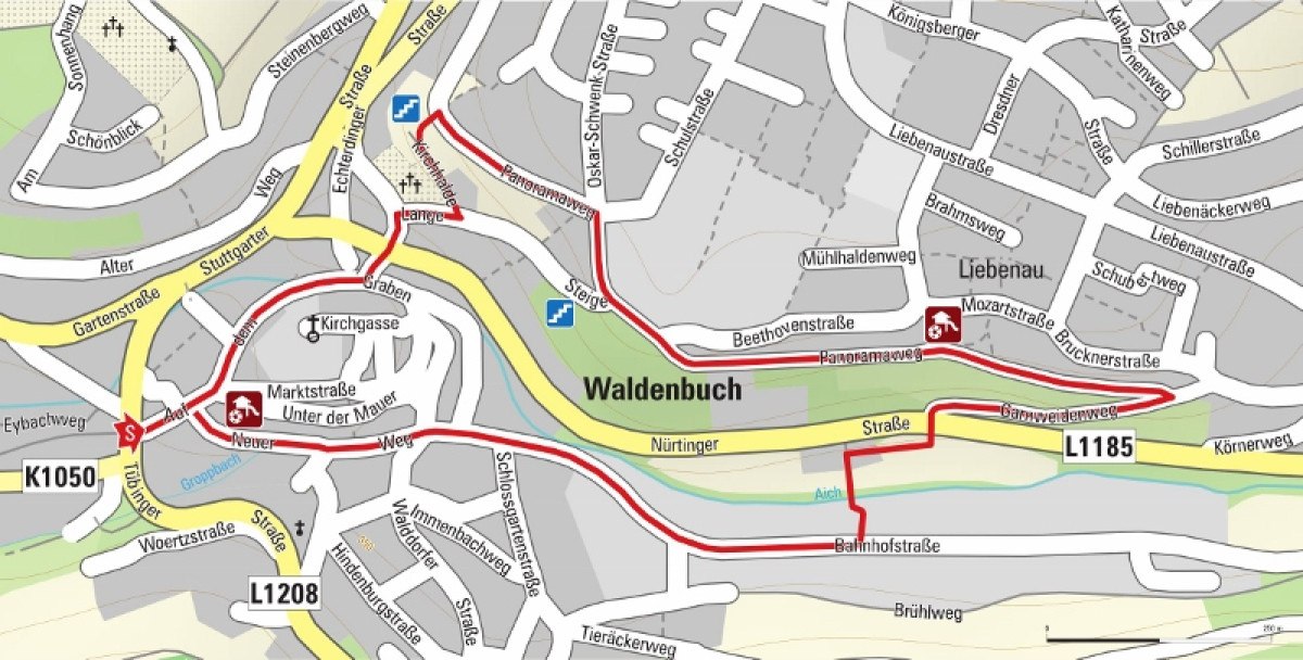 Karte von Waldenbuch mit markierten Straßen und Wegen, darunter die K1050 und L1185. Sehenswürdigkeiten und Routen sind hervorgehoben., © Natur.Nah. Schönbuch & Heckengäu Karte von Waldenbuch mit markierten Straßen und Wegen, darunter die K1050 und L1185. Sehenswürdigkeiten und Routen sind hervorgehoben., © Natur.Nah. Schönbuch & Heckengäu