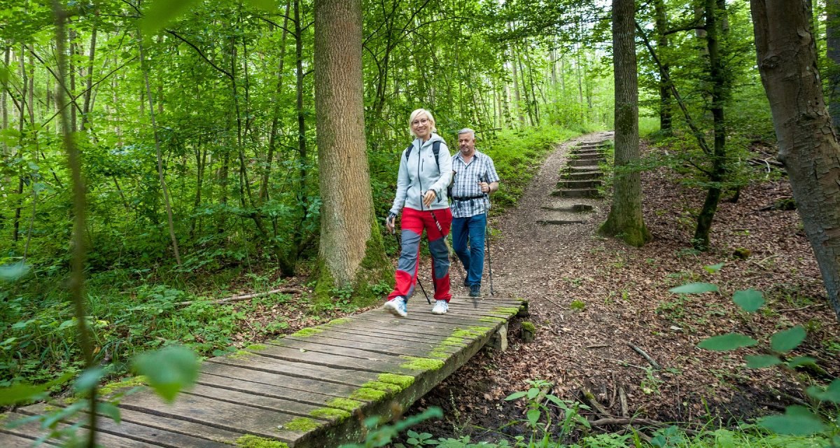 Zwei Personen wandern auf einem Waldweg. Sie &uuml;berqueren eine kleine Holzbr&uuml;cke, umgeben von dichtem Gr&uuml;n und B&auml;umen., &copy; hochgehberge