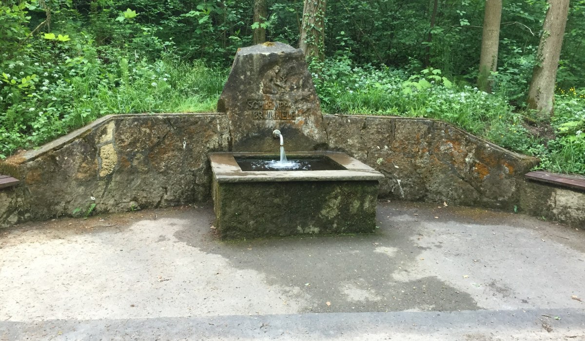 Ein steinerner Brunnen im Wald mit der Aufschrift 'Schlempp-Brünnle'. Wasser fließt aus einem Rohr in ein Becken., © www.pro-cycl.de Ein steinerner Brunnen im Wald mit der Aufschrift 'Schlempp-Brünnle'. Wasser fließt aus einem Rohr in ein Becken., © www.pro-cycl.de