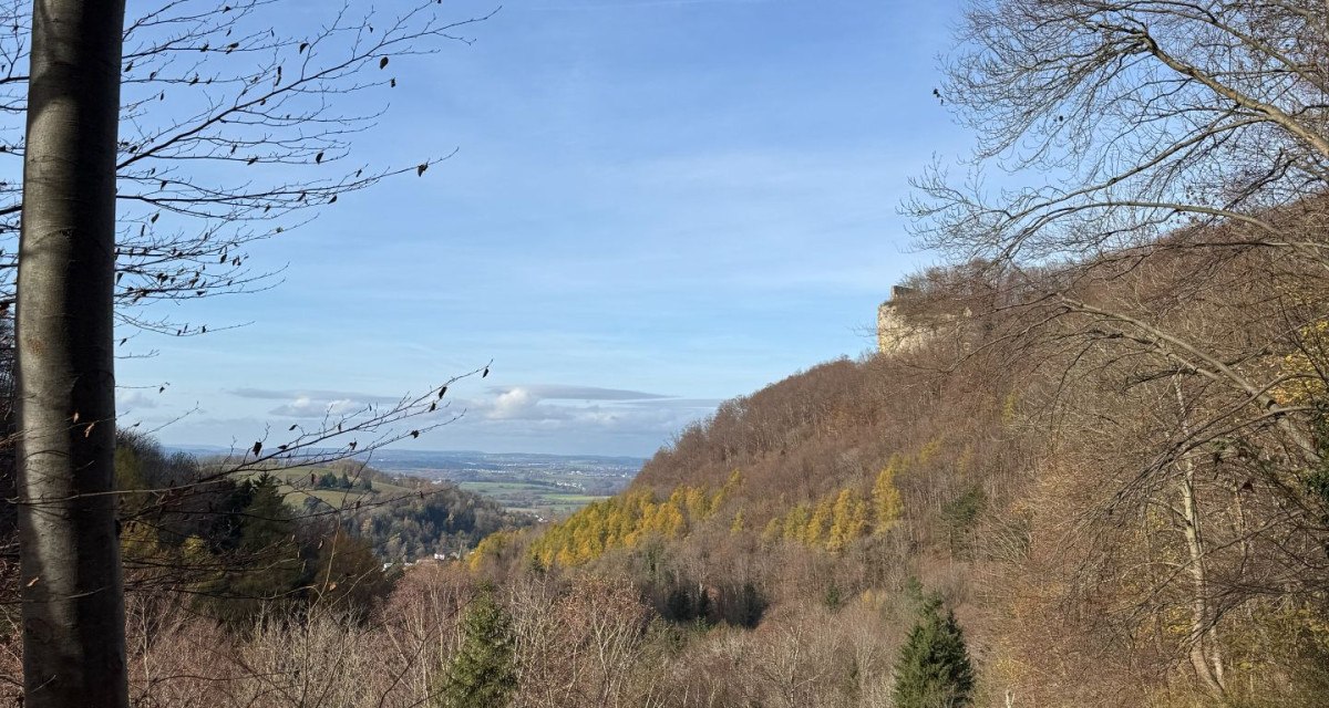 Aussicht vom Rosenstein auf Heubach mit herbstlichen B&auml;umen und einer Bank im Vordergrund. Der Himmel ist klar und blau., &copy; Remstal Tourismus e.V.