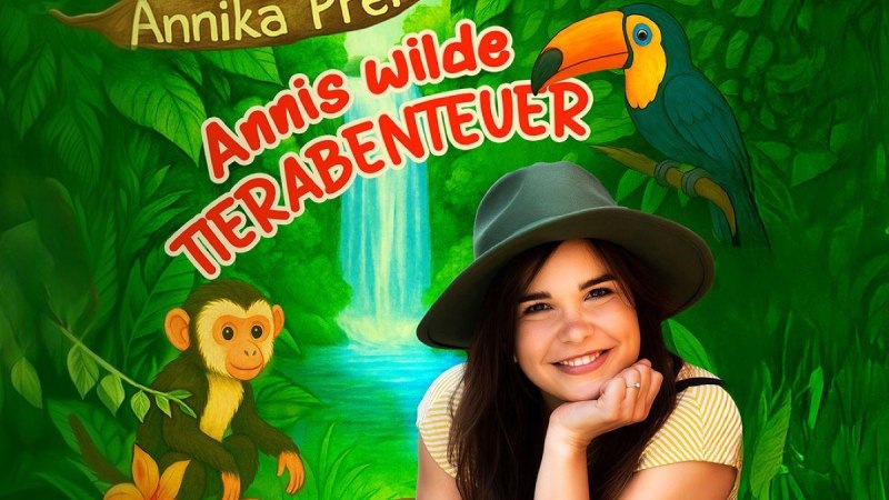 Frau mit grünem Hut lächelt vor einem Dschungelhintergrund mit einem Affen, einem Tukan und einem Wasserfall. Text: Annika Preil - Annis wilde Tierabenteuer., © Daniel Alvarenga Frau mit grünem Hut lächelt vor einem Dschungelhintergrund mit einem Affen, einem Tukan und einem Wasserfall. Text: Annika Preil - Annis wilde Tierabenteuer., © Daniel Alvarenga