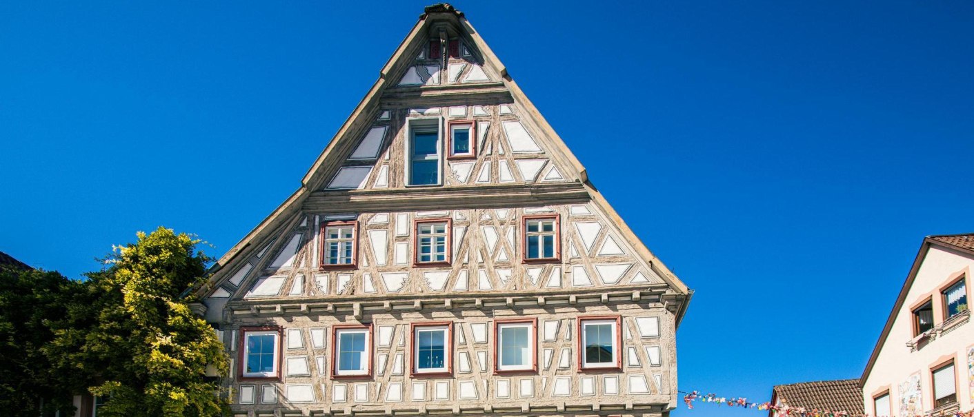 Ein traditionelles Fachwerkhaus in Besigheim, umgeben von klarem, blauem Himmel. Links ist eine grüne Pflanze zu sehen., © Stuttgart-Marketing GmbH, Sarah Schmid