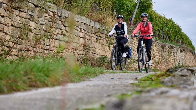 Zwei Frauen radeln lächelnd auf einem Weg neben einer alten Steinmauer, umgeben von grüner Vegetation., © Kraichgau Stromberg Tourismus e.V.-Christian Ernst Zwei Frauen radeln lächelnd auf einem Weg neben einer alten Steinmauer, umgeben von grüner Vegetation., © Kraichgau Stromberg Tourismus e.V.-Christian Ernst