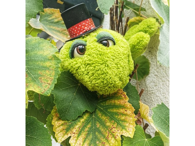 Ein grünes Plüschtier mit großen Augen und Zylinder versteckt sich zwischen grünen Blättern., © Stadt Besigheim Ein grünes Plüschtier mit großen Augen und Zylinder versteckt sich zwischen grünen Blättern., © Stadt Besigheim