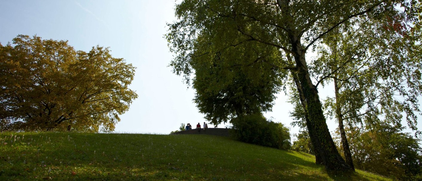 Grüne Wiese im Weißenburgpark Stuttgart, umgeben von Bäumen. Personen sitzen auf einem Hügel im Hintergrund., © Stuttgart-Marketing GmbH Christoph Düpper