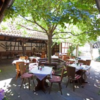 Ein gemütlicher Innenhof mit Tischen und Stühlen unter einem Baum, umgeben von Fachwerkhäusern. Die Tische sind mit gestreiften Tischdecken gedeckt., © Hotel Hirsch
