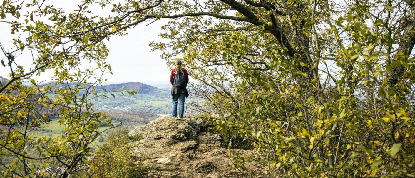 Eine Person steht auf dem Beurener Fels, umgeben von Bäumen, und blickt auf die weite Landschaft von Beuren., © SMG, Sarah Schmid Eine Person steht auf dem Beurener Fels, umgeben von Bäumen, und blickt auf die weite Landschaft von Beuren., © SMG, Sarah Schmid
