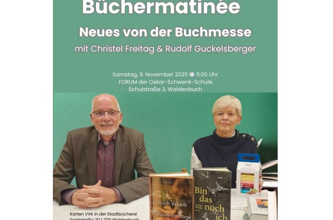 Zwei Personen sitzen an einem Tisch mit Büchern. Plakat für eine Büchermatinée am 9. November 2025 in Waldenbuch., © Stadt Waldenbuch Zwei Personen sitzen an einem Tisch mit Büchern. Plakat für eine Büchermatinée am 9. November 2025 in Waldenbuch., © Stadt Waldenbuch