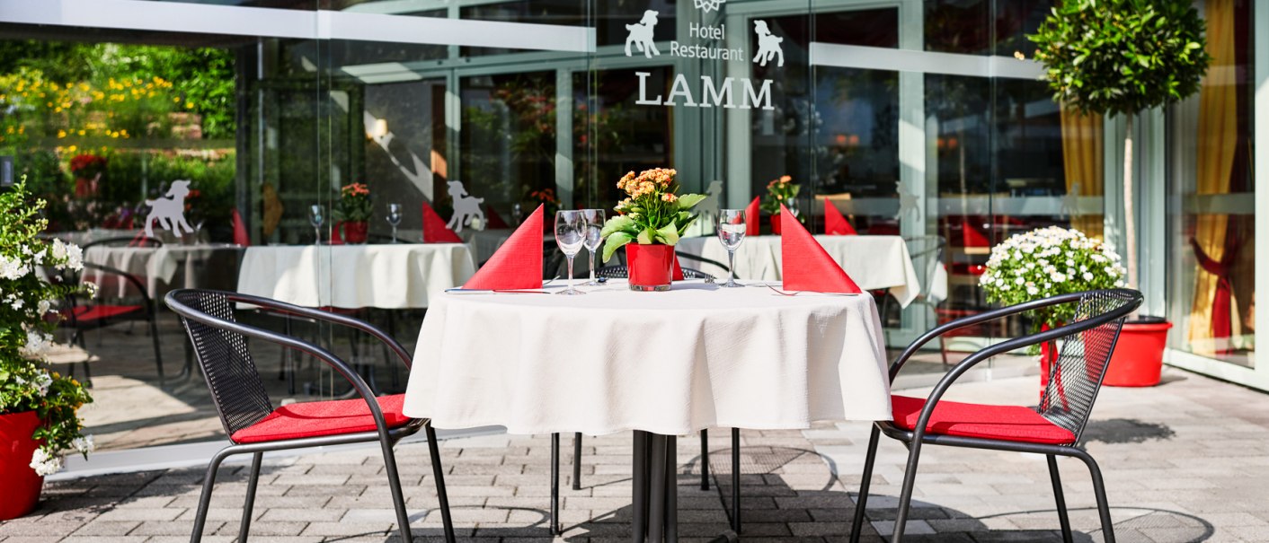 Ein Tisch mit weißer Tischdecke und roten Servietten auf einer Terrasse vor dem Hotel Restaurant Lamm. Umgeben von Pflanzen und Glasfront., © Hotel Restaurant Lamm
