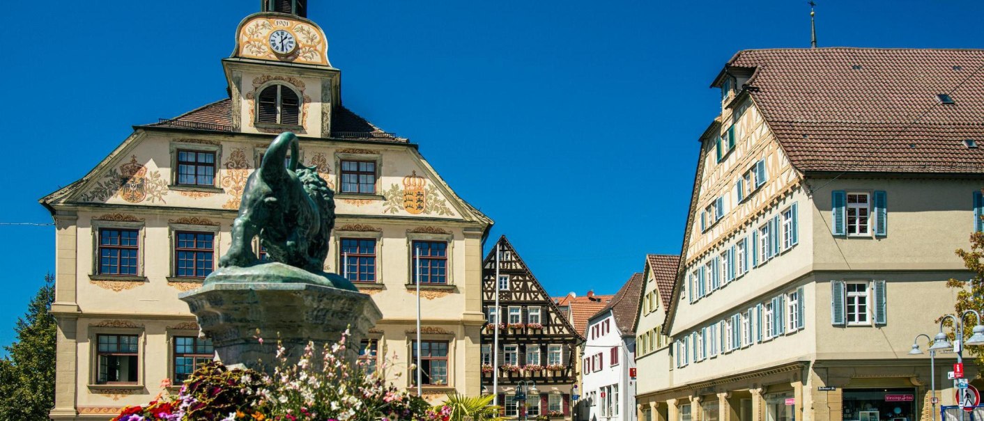 Der Marktplatz von Vaihingen an der Enz zeigt das historische Rathaus und Fachwerkhäuser unter einem strahlend blauen Himmel., © Stuttgart-Marketing GmbH, Sarah Schmid