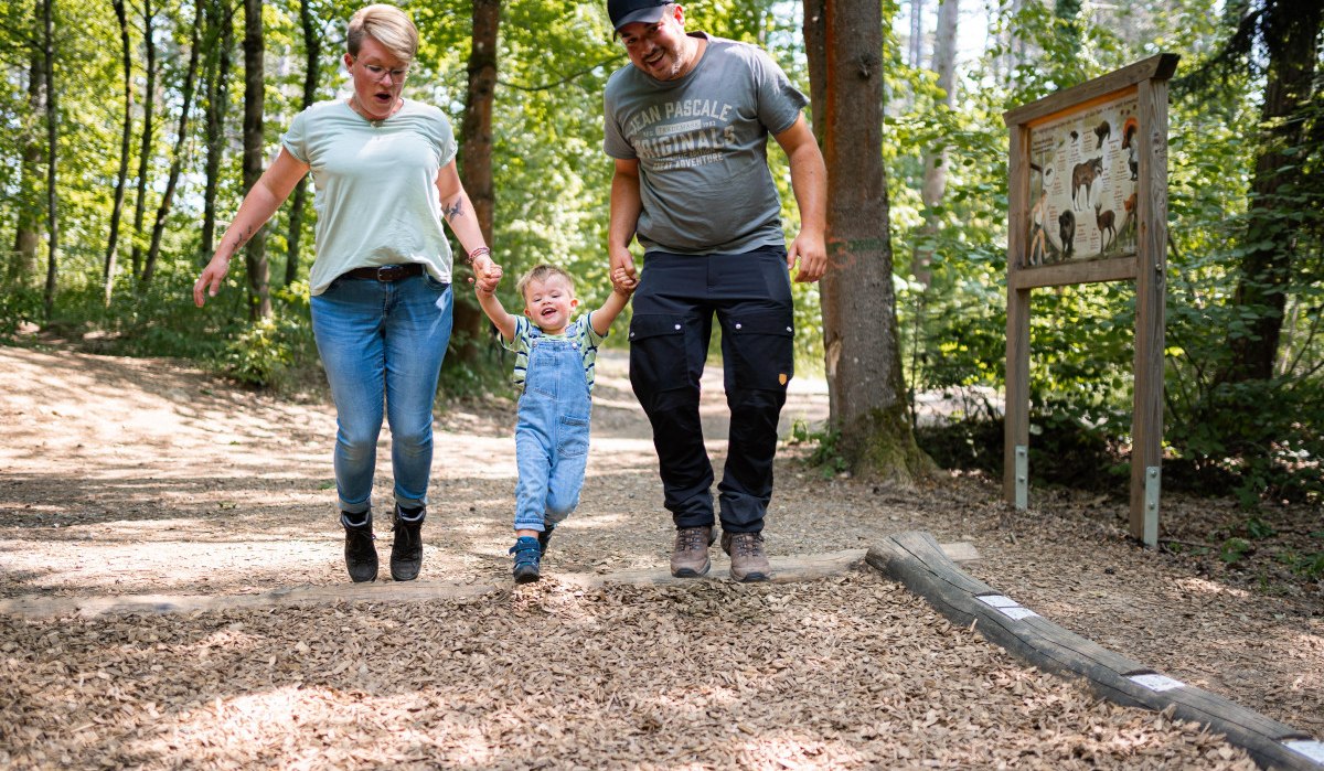 Ein Kind springt fr&ouml;hlich zwischen zwei Erwachsenen auf einem Waldweg. Die Erwachsenen halten das Kind an den H&auml;nden. Im Hintergrund sind B&auml;ume und ein Schild zu sehen.