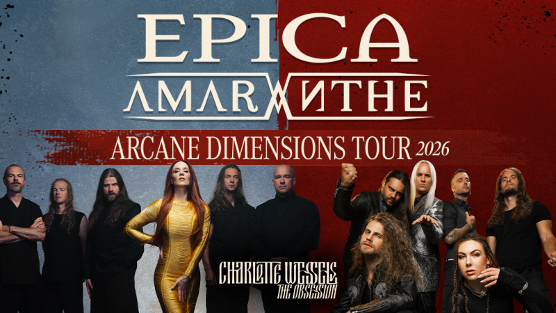 Poster der Arcane Dimensions Tour 2026 mit den Bands Epica und Amaranthe sowie Charlotte Wessels als Support., &copy; links im Bild