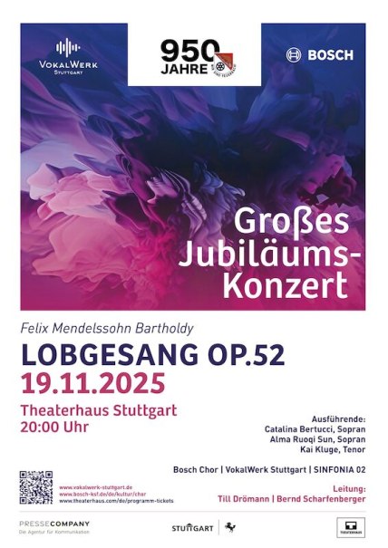 Plakat für das Jubiläumskonzert 'Lobgesang Op. 52' von Mendelssohn am 19.11.2025 im Theaterhaus Stuttgart, 20:00 Uhr. Veranstalter: VokalWerk Stuttgart., © VokalWerk Stuttgart e.V.