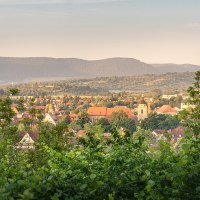 Blick vom Aussichtspunkt Würstlesberg auf eine Stadt, umgeben von grüner Vegetation, mit Bergen im Hintergrund bei Sonnenuntergang., © SMG, Martina Denker
