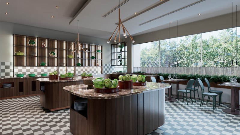 Elegantes Buffet mit Marmortischen, gr&uuml;nen Dekorationen und gro&szlig;en Fenstern, die viel Licht hereinlassen. Der Raum hat ein modernes Design mit kariertem Boden., &copy; Scandic Hotels