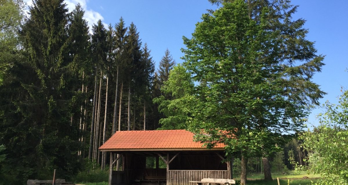 Hölzerne Schutzhütte mit rotem Dach auf einer grünen Wiese vor einem dichten Wald. Ein Picknicktisch und eine Feuerstelle sind sichtbar., © www.pro-cycl.de Hölzerne Schutzhütte mit rotem Dach auf einer grünen Wiese vor einem dichten Wald. Ein Picknicktisch und eine Feuerstelle sind sichtbar., © www.pro-cycl.de