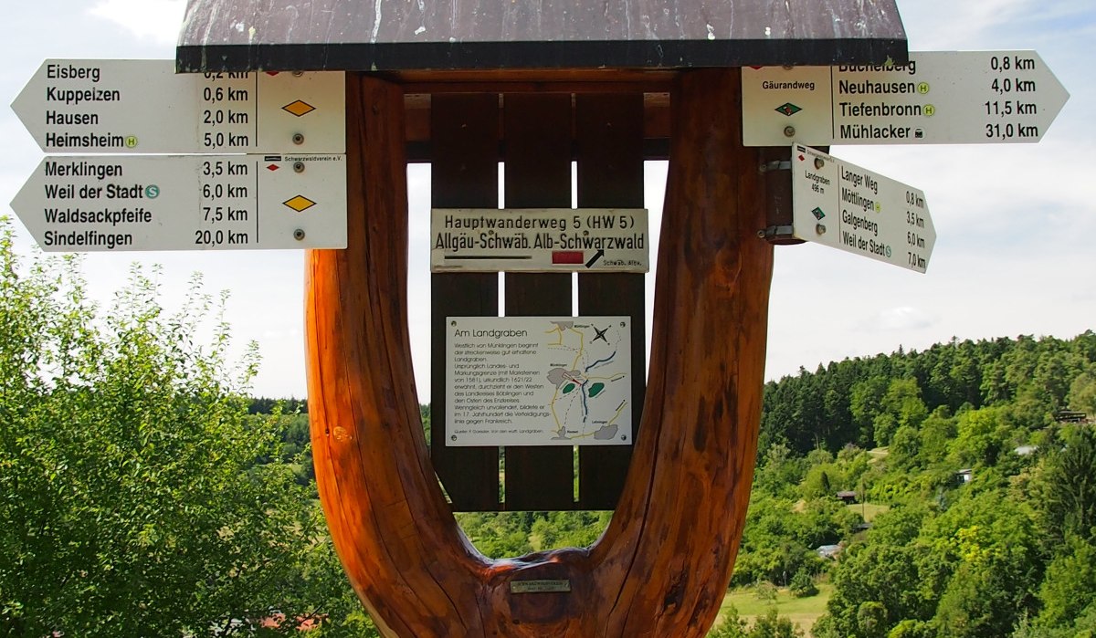 Holzwegweiser mit Schildern zu verschiedenen Orten in einer grünen Landschaft. Beschriftungen zeigen Entfernungen zu nahegelegenen Zielen., © Natur.Nah. Schönbuch & Heckengäu Holzwegweiser mit Schildern zu verschiedenen Orten in einer grünen Landschaft. Beschriftungen zeigen Entfernungen zu nahegelegenen Zielen., © Natur.Nah. Schönbuch & Heckengäu