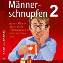 Illustration eines kranken Mannes mit Brille, Tasse und Taschentuch. Titel: 'Männerschnupfen 2'. Hintergrund in Rot., © links im Bild