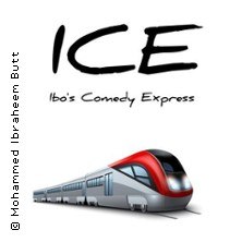 Logo von ICE Ibo's Comedy Express mit stilisiertem Zug und Schriftzug. Moderation durch Mohammed Ibraheem Butt., &copy; links im Bild