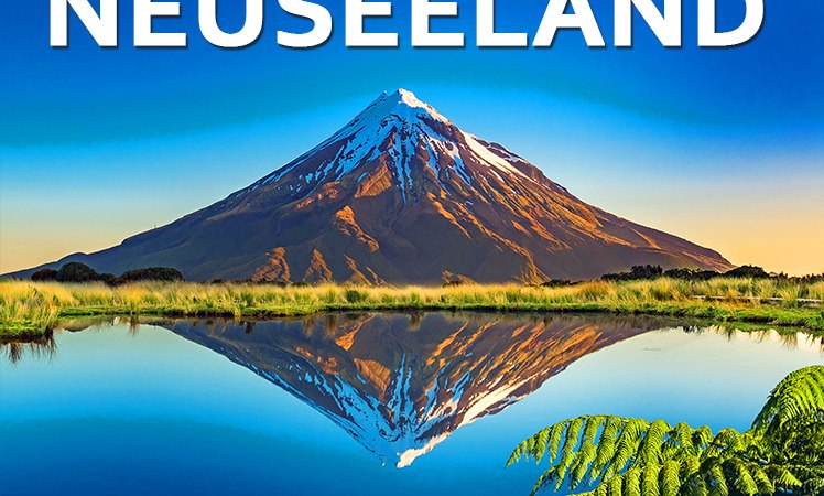 Ein schneebedeckter Berg in Neuseeland spiegelt sich in einem ruhigen See. Im Vordergrund sind grüne Farne zu sehen, der Himmel ist klar und blau., © Expedition Erde