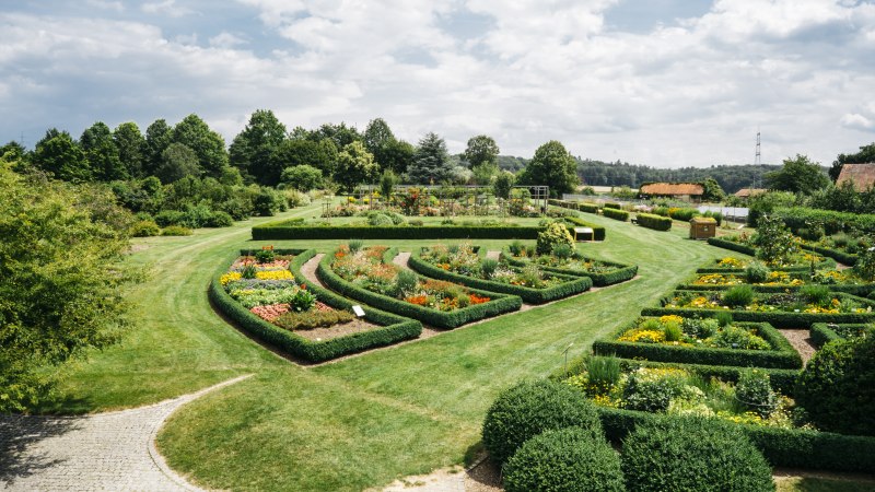 Ein weitläufiger Garten mit symmetrischen Blumenbeeten und gepflegten Hecken, umgeben von Bäumen und einem blauen Himmel., © HfWU, Manuel stark