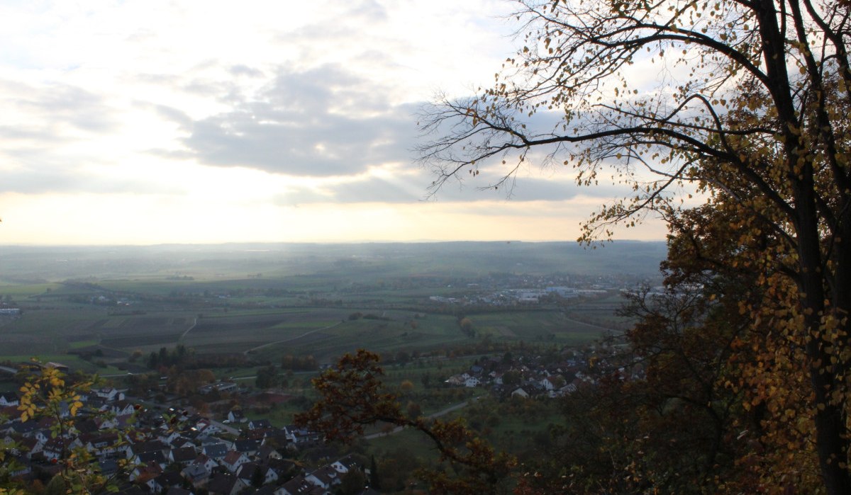 Blick vom Grafenberg Herrenberg auf eine weite Landschaft mit Häusern und Feldern, im Vordergrund Bäume und herbstliches Laub., © Natur.Nah. Schönbuch & Heckengäu Blick vom Grafenberg Herrenberg auf eine weite Landschaft mit Häusern und Feldern, im Vordergrund Bäume und herbstliches Laub., © Natur.Nah. Schönbuch & Heckengäu