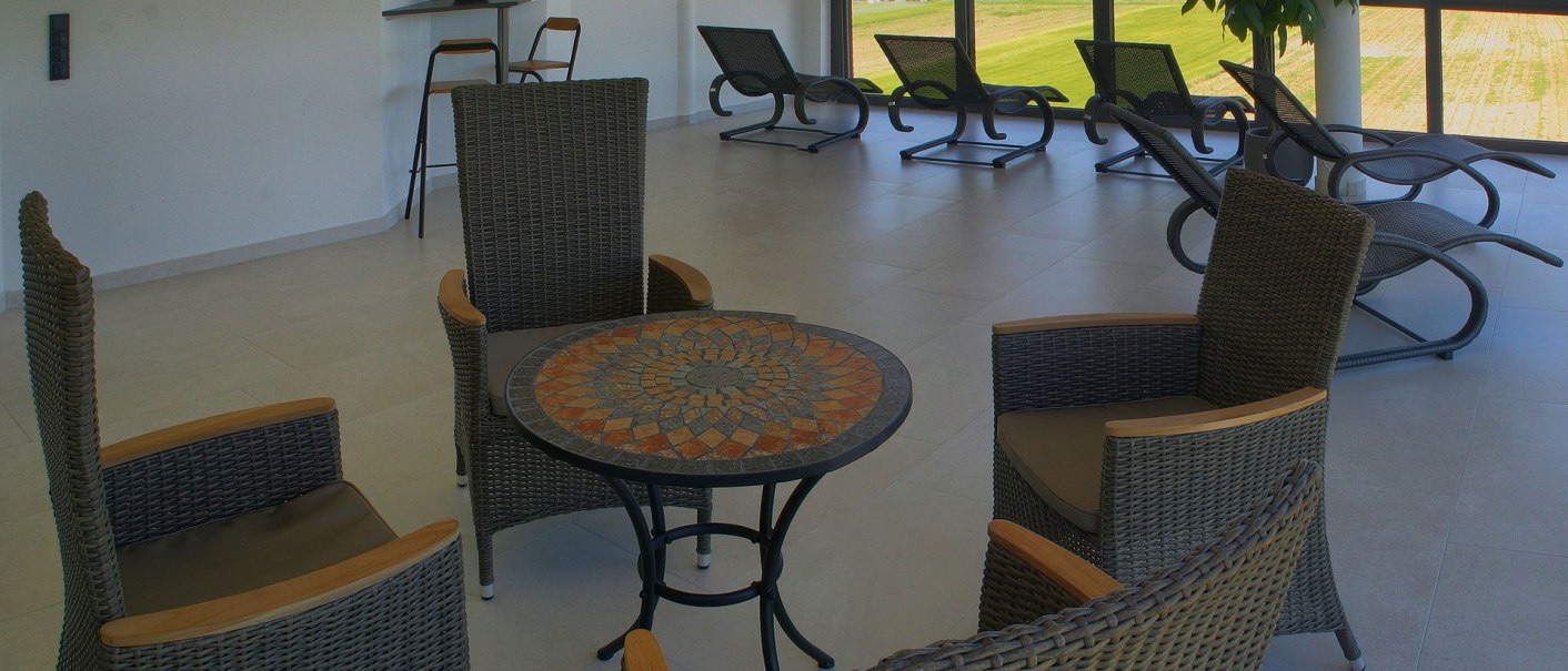 Ruheraum mit Rattanmöbeln und Liegestühlen. Große Fenster bieten Ausblick auf eine grüne Landschaft. Ein Tisch mit Mosaikmuster steht im Vordergrund., © TOMAS