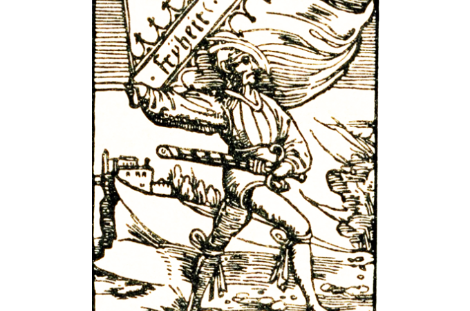 Holzschnitt eines Bauern mit Schwert und Fahne, Aufschrift 'Freyheit', symbolisiert den Bauernaufstand., © Touristik und Marketing GmbH Holzschnitt eines Bauern mit Schwert und Fahne, Aufschrift 'Freyheit', symbolisiert den Bauernaufstand., © Touristik und Marketing GmbH