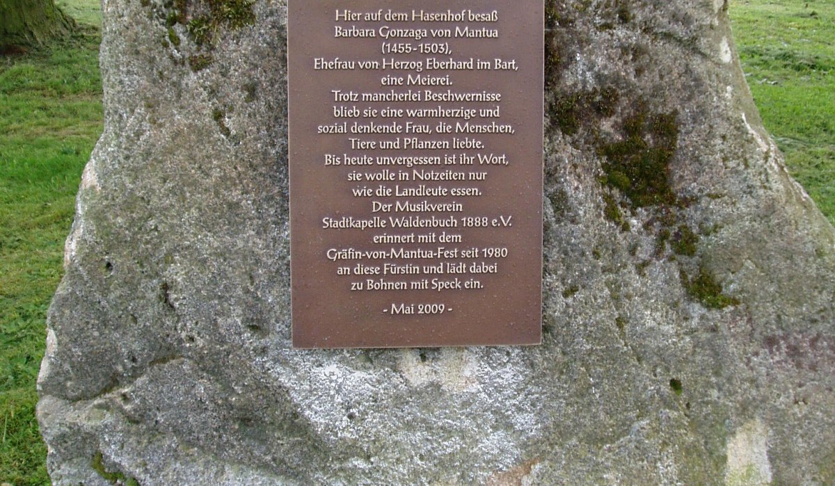 Gedenkstein mit Inschrift für Barbara Gonzaga von Mantua (1455-1503) auf einer Wiese. Der Stein erinnert an ihre soziale Denkweise und das Gräfin-von-Mantua-Fest., © Natur.Nah. Schönbuch & Heckengäu Gedenkstein mit Inschrift für Barbara Gonzaga von Mantua (1455-1503) auf einer Wiese. Der Stein erinnert an ihre soziale Denkweise und das Gräfin-von-Mantua-Fest., © Natur.Nah. Schönbuch & Heckengäu