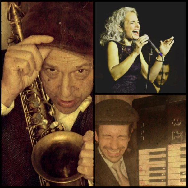 Collage: Ein Saxophonspieler mit Hut, eine S&auml;ngerin am Mikrofon und ein lachender Mann mit Akkordeon. Musikalische Darbietung in Vintage-Stil., &copy; Foto RALEX und Sandra Badal