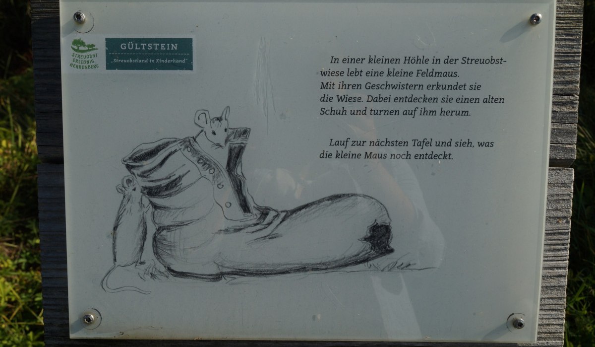 Infotafel mit einer Zeichnung einer Maus in einem Schuh. Der Text beschreibt das Leben einer Feldmaus auf einer Streuobstwiese., &copy; Natur.Nah. Sch&ouml;nbuch & Heckeng&auml;u