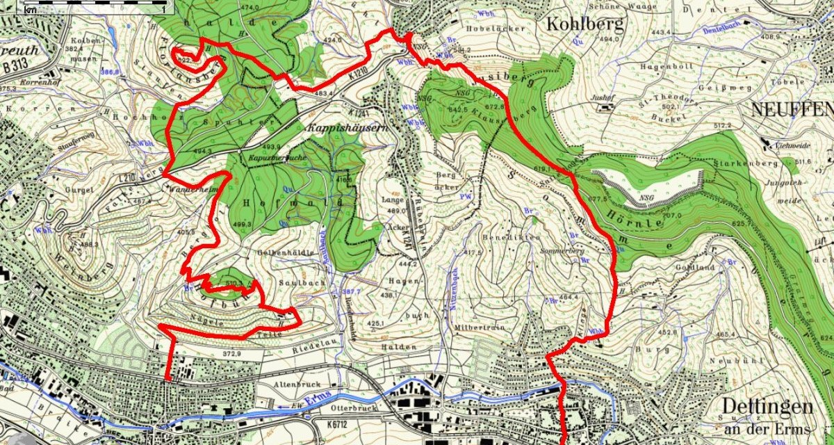 Topografische Karte zeigt eine markierte Route von Neuhausen nach Dettingen, durch Wälder und Hügel. Die Route ist rot hervorgehoben. Topografische Karte zeigt eine markierte Route von Neuhausen nach Dettingen, durch Wälder und Hügel. Die Route ist rot hervorgehoben.